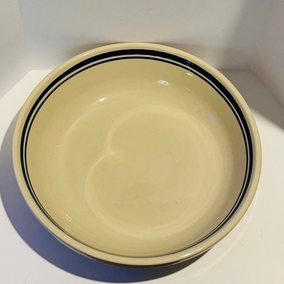 Roseville Ohio Friendship Pottery Large 13" Beige Blue Stripe Pasta Serving Bowl - Picture 1 of 6